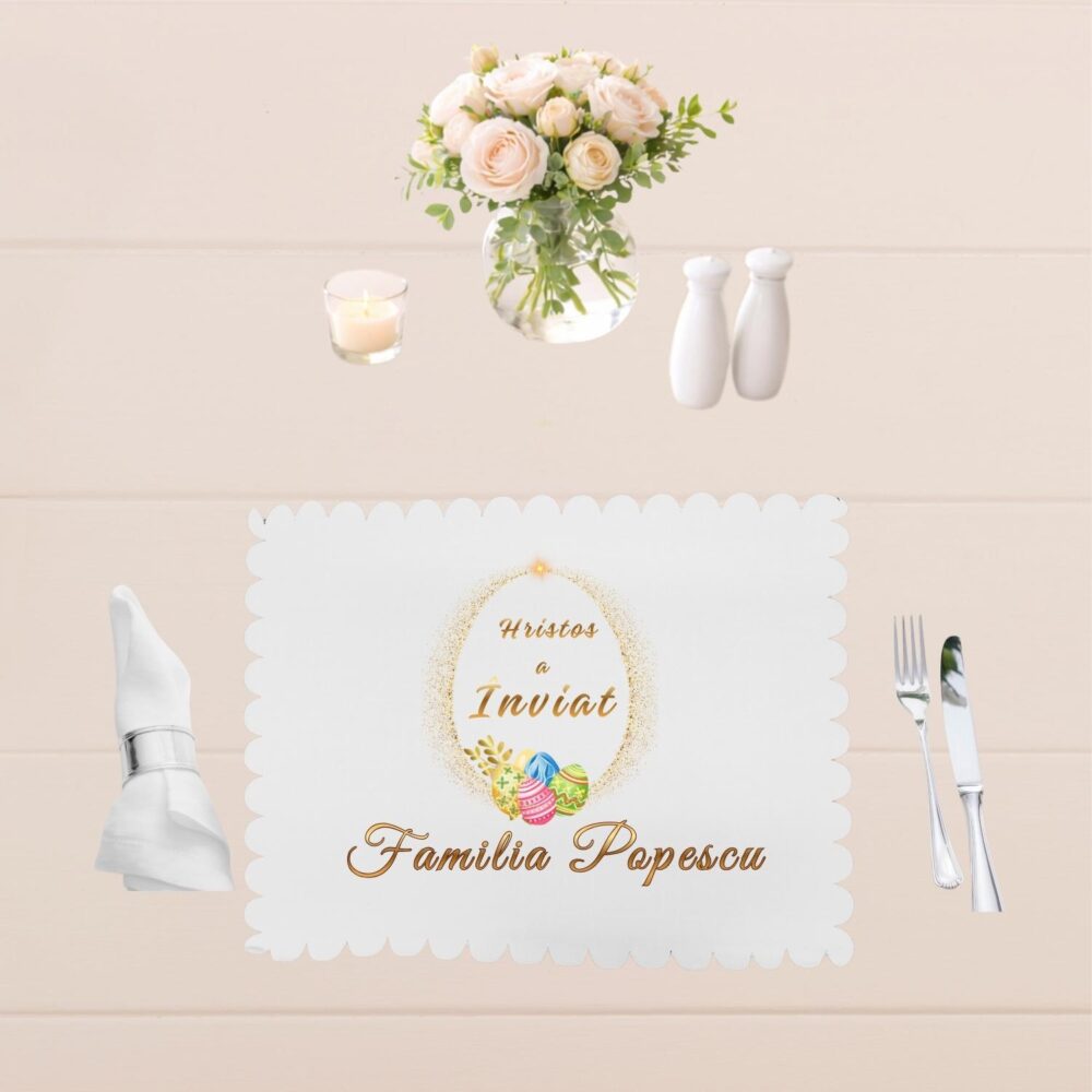 Suport farfurie personalizat de Paste, model Hristos a Inviat, cu numele familiei