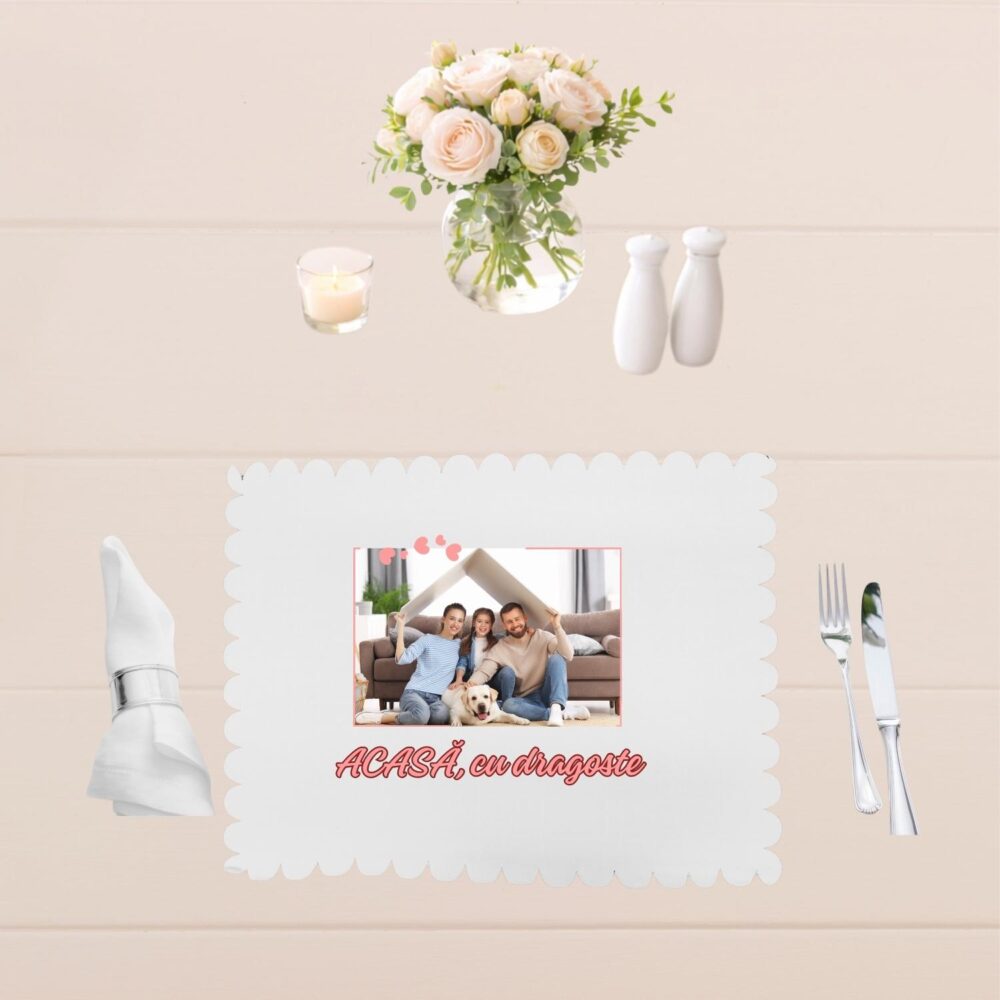 Suport farfurie personalizat cu poza si text, model Acasa cu dragoste, pentru masa de familie