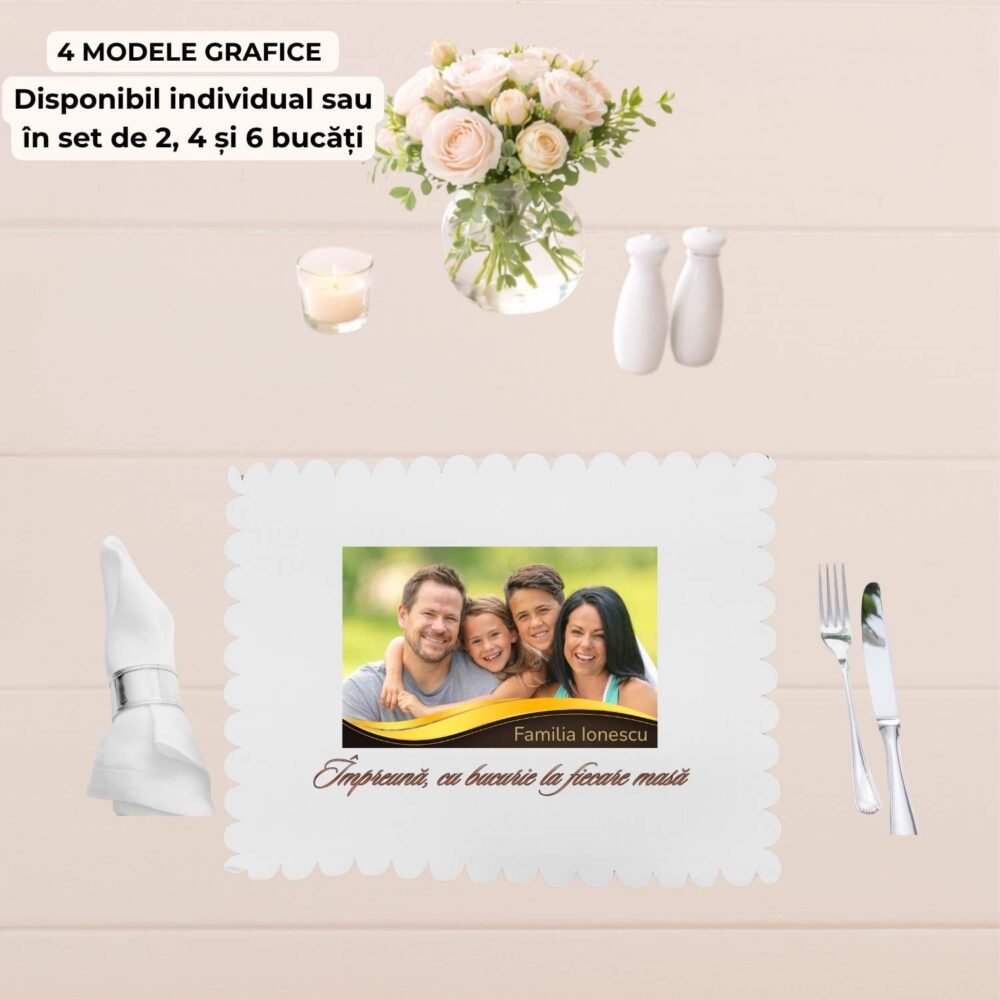 Suport farfurie personalizat cu poza si text, varianta individuala, model Impreuna la fiecare masa. Cadou familie