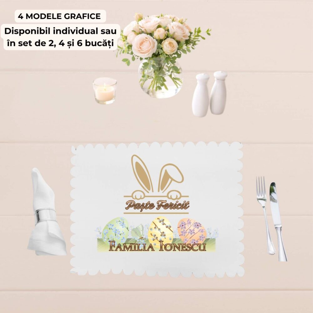 Suport farfurie personalizat de Paste, varianta individuala, model Paste Fericit Elegant cu nume de familie personalizat