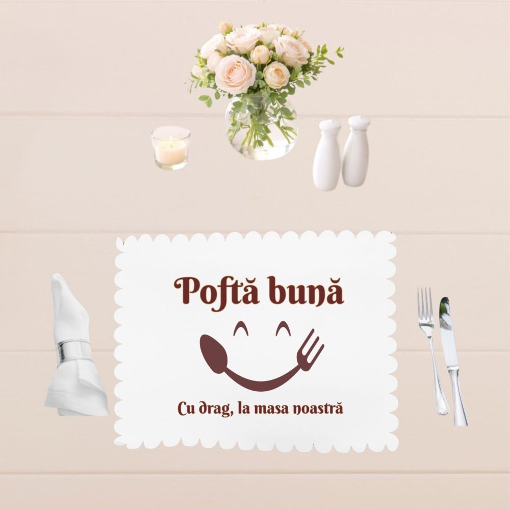 Suport farfurie personalizat Pofta buna, model Pofta buna cu drag la masa noastră, varianta individuala