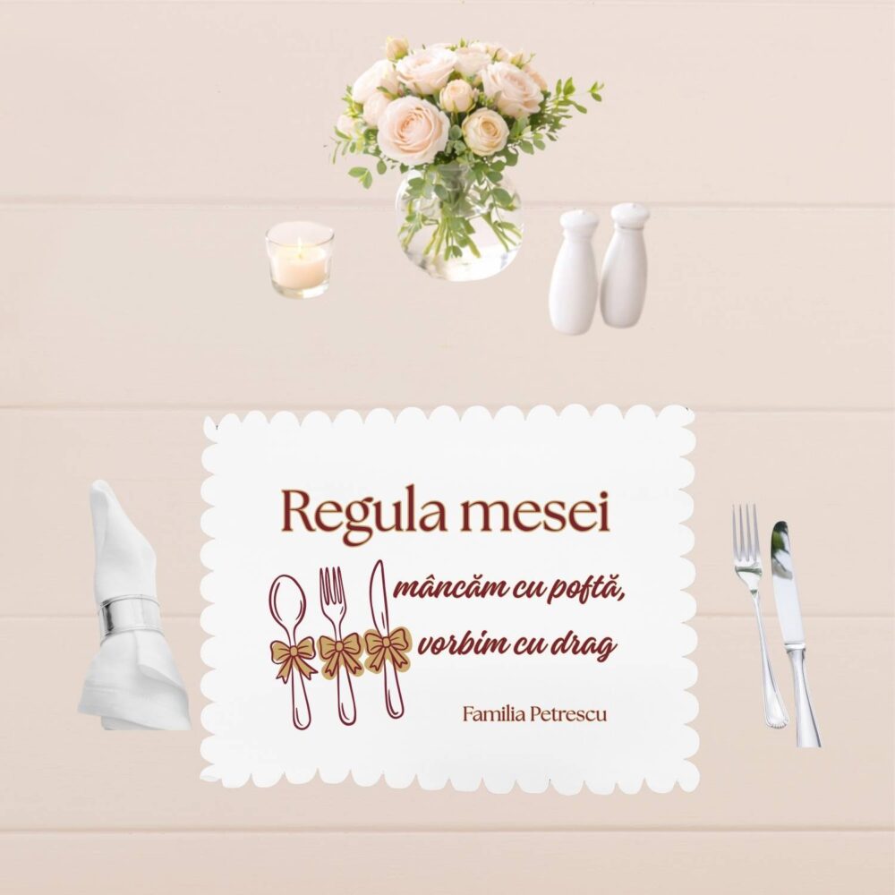 Suport farfurie personalizat Regula mesei, varianta individuala, cu mesaj cald pentru masa