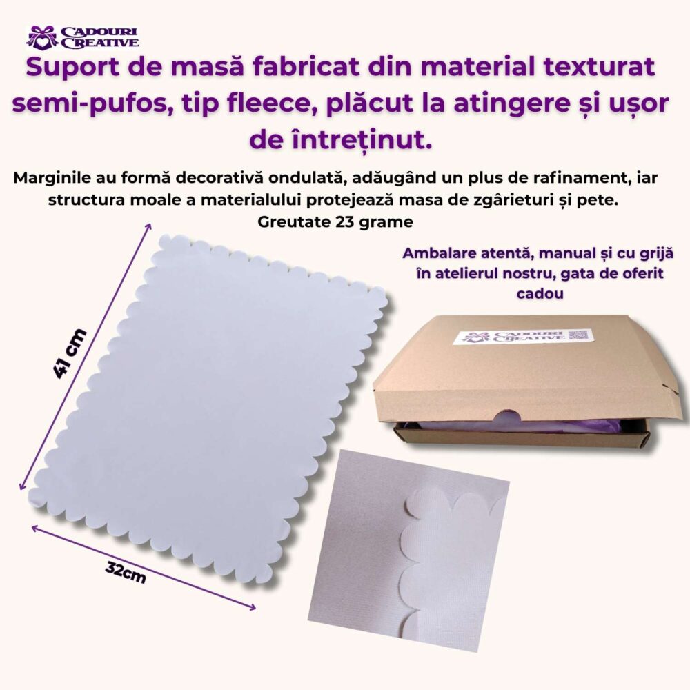 Suport de farfurie personalizat – dimensiuni 41x32 cm, material fleece tuns moale și elegant. ambalare manuala si optiune de ambalare cadou
