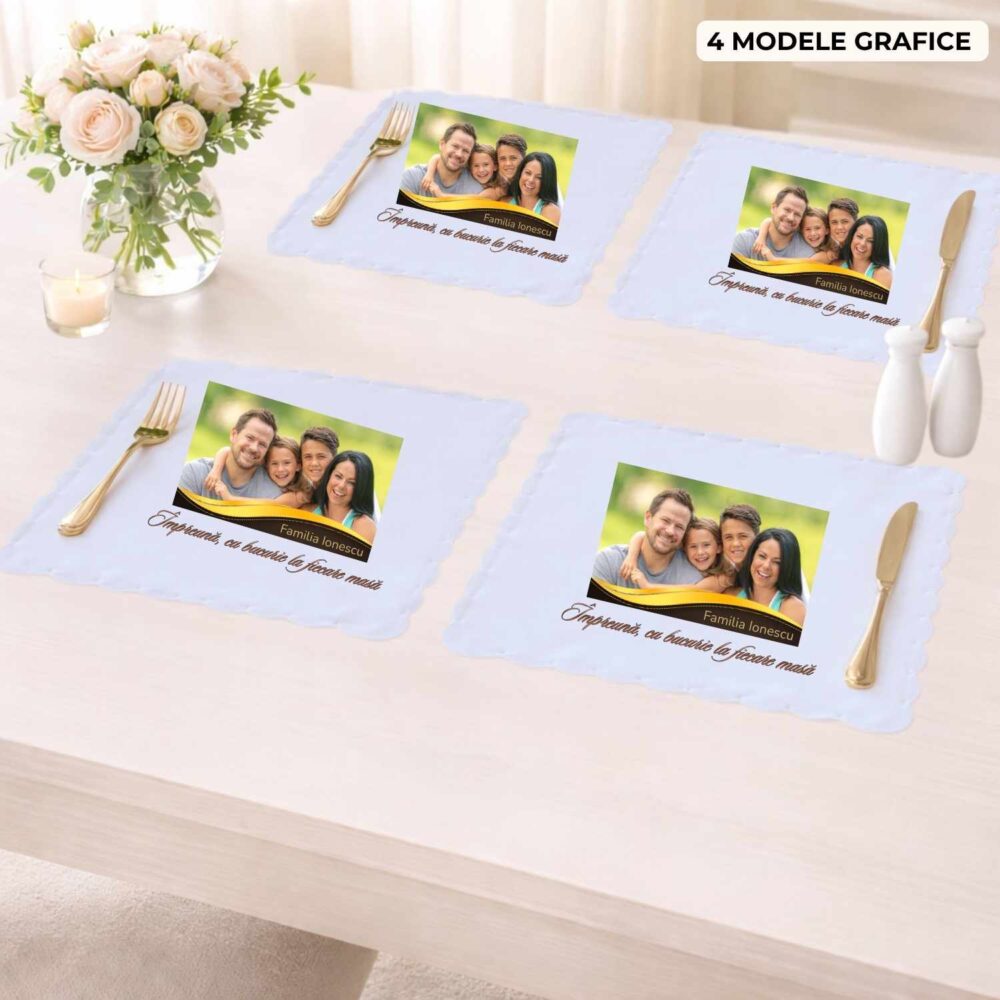 Set 4 suporturi de farfurie personalizate cu poza si text, model Impreuna la fiecare masa, pentru familie