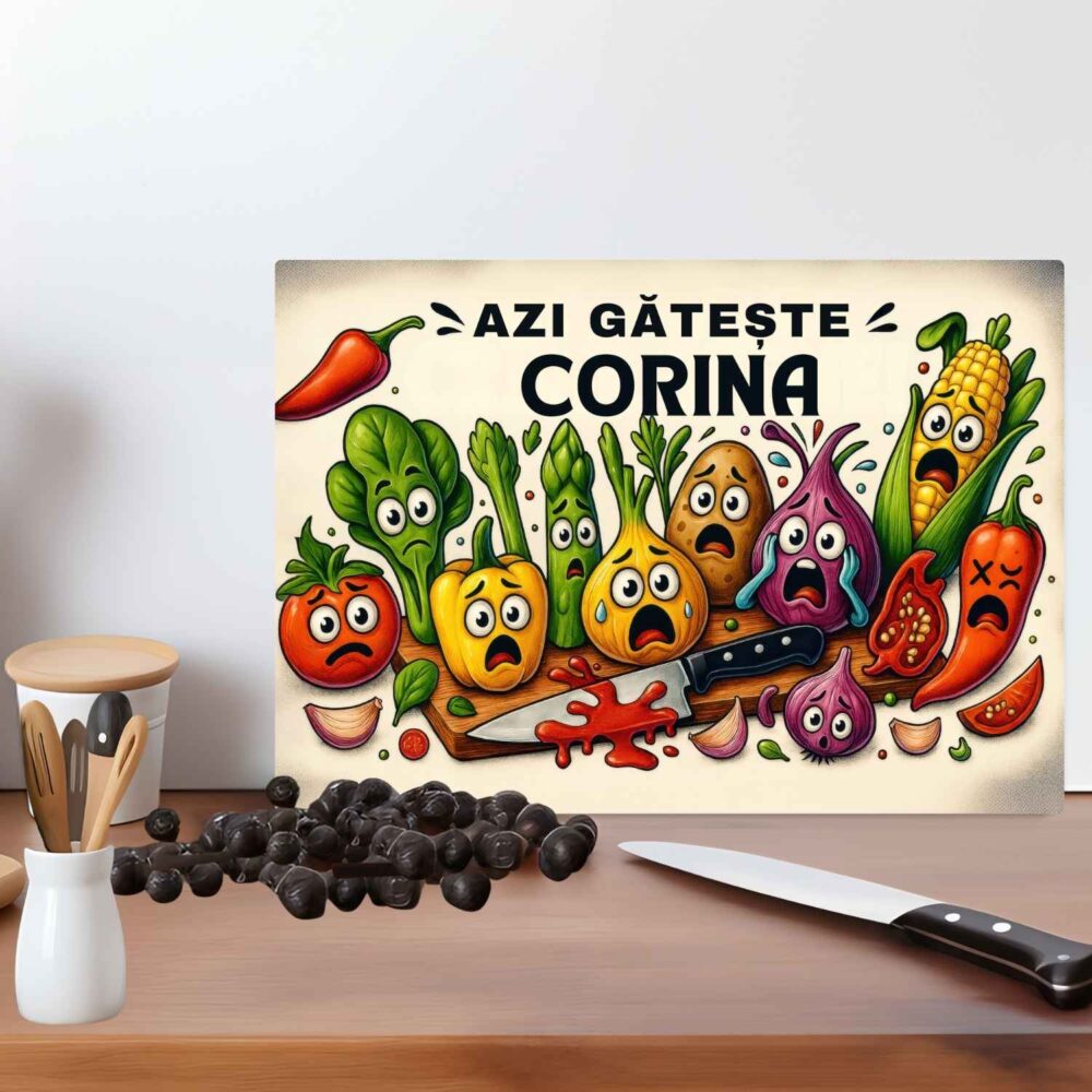 Tocător personalizat amuzant din sticlă Azi gătește Corina, așezat pe blat de bucătărie, idee de cadou funny cu nume