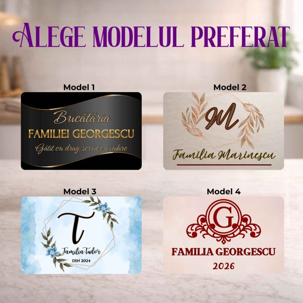 4 modele de tocător personalizat din sticlă cu monogramă, nume familie și an, cadou elegant pentru casă nouă și bucătărie