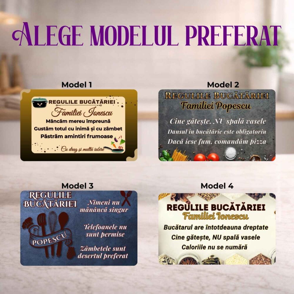 4 modele de tocător personalizat din sticlă Regulile Bucătăriei, cu nume de familie, mesaje emoționale și funny pentru bucătărie