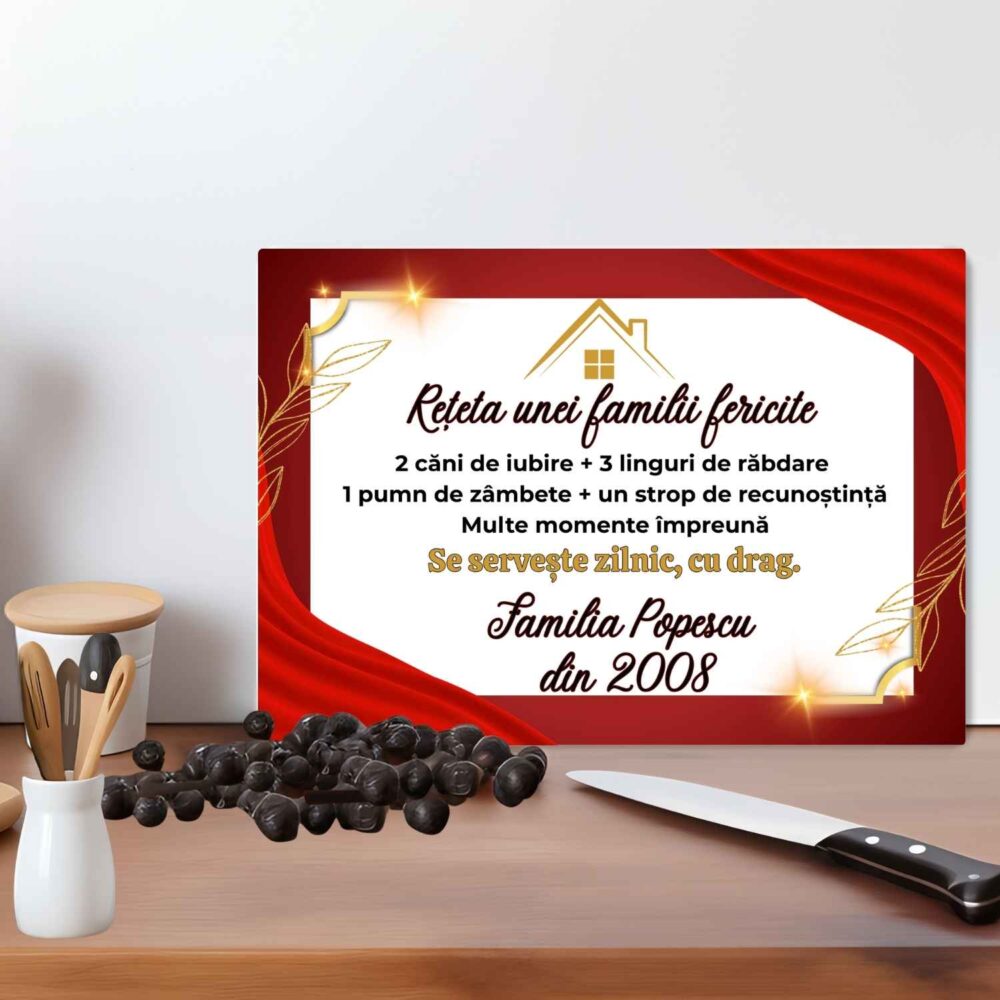 Tocător personalizat cu model Rețeta unei familii fericite cu nume și an, cadou pentru familie, cuplu sau mutare în casă nouă