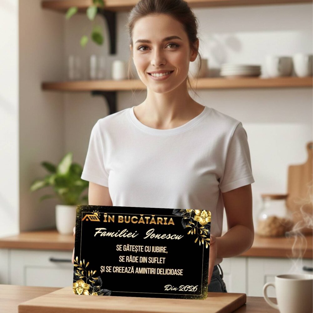 Tocător personalizat din sticlă În bucătăria familiei, model cu nume și mesaj, cadou elegant negru-gold pentru familie, prieteni sau casă nouă
