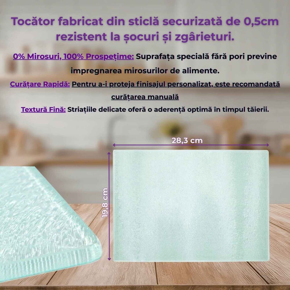 Dimensiuni și specificații tocător personalizat din sticlă securizată 28,3 x 19,8 cm, rezistent și ușor de întreținut.
