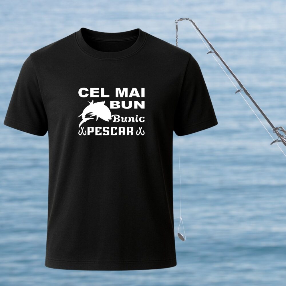 Tricou bunic pescar personalizat – cadou pentru bunic pasionat de pescuit, tricou negru barbati cu mesaj