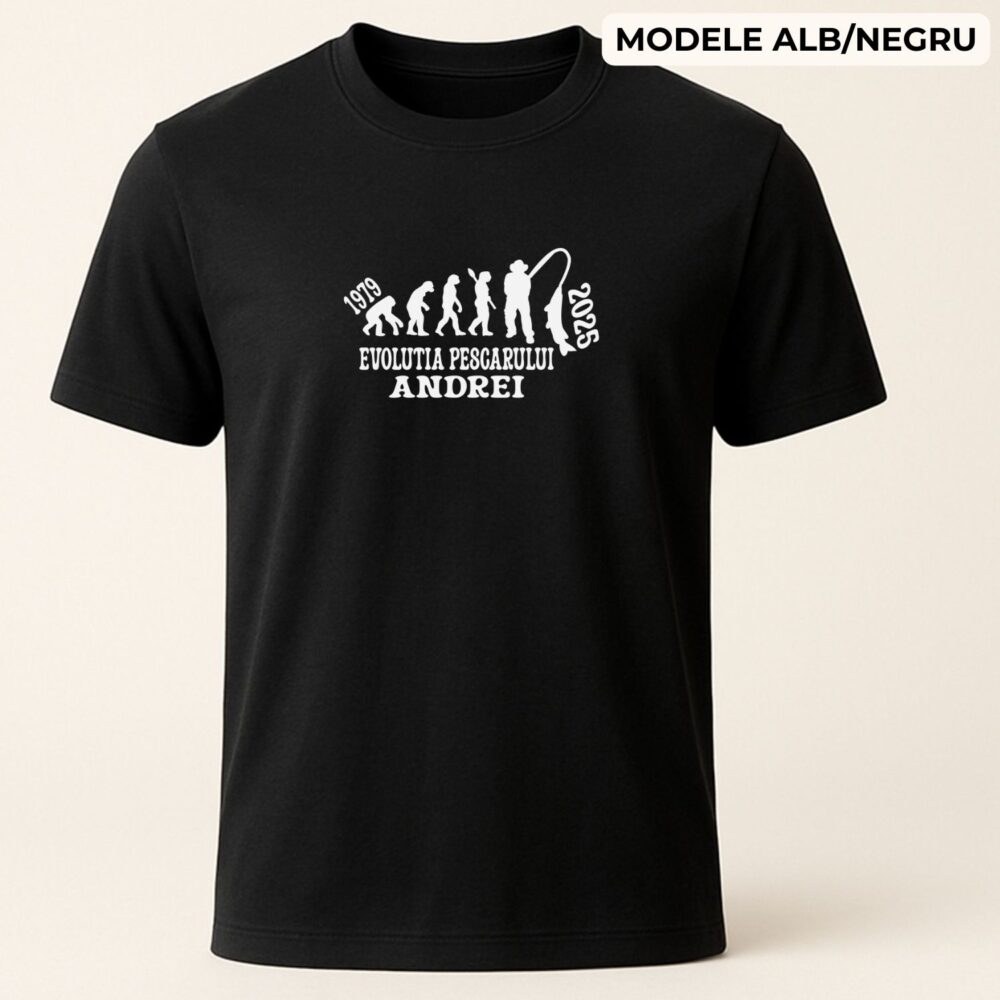 Tricou Evolutia pescarului personalizat cu nume si an – tricou negru barbati, cadou aniversar pentru pescar