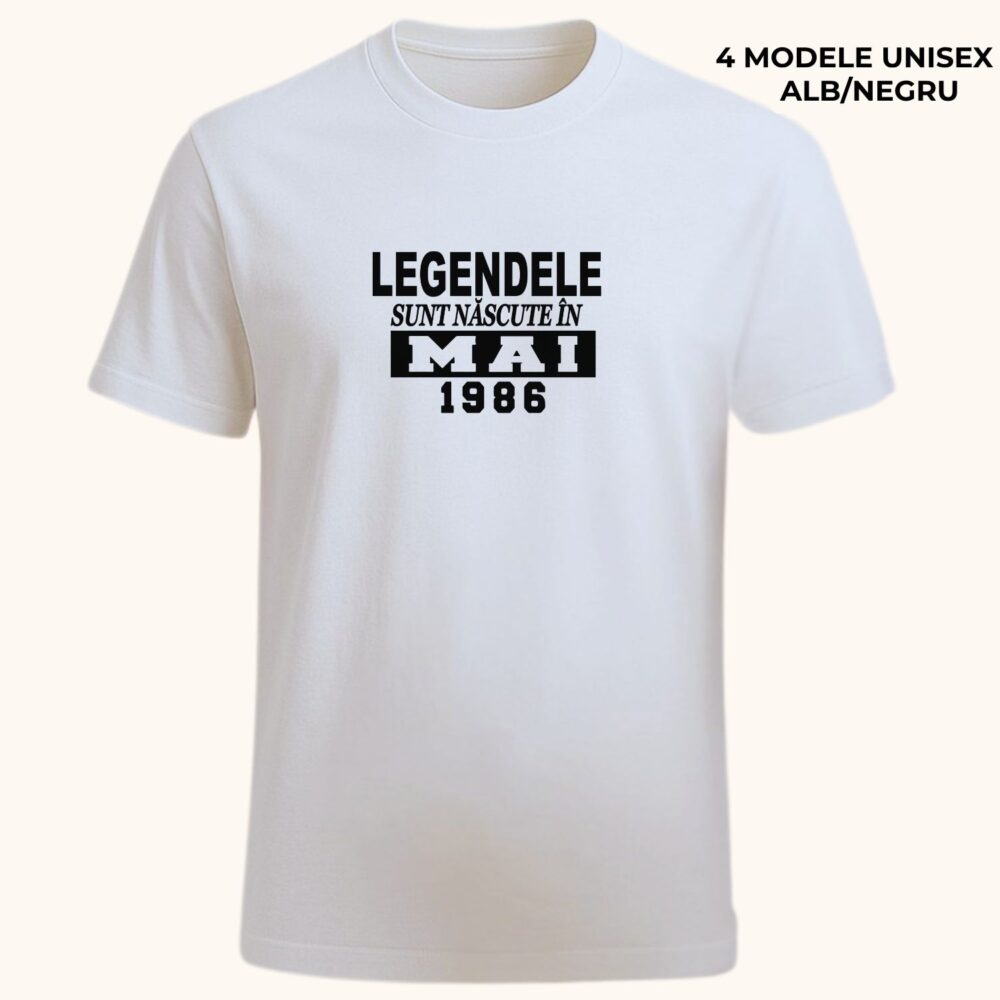 Tricou personalizat născut în Mai, model Legendele sunt născute în Mai, cu an și text personalizabil, cadou aniversar unisex