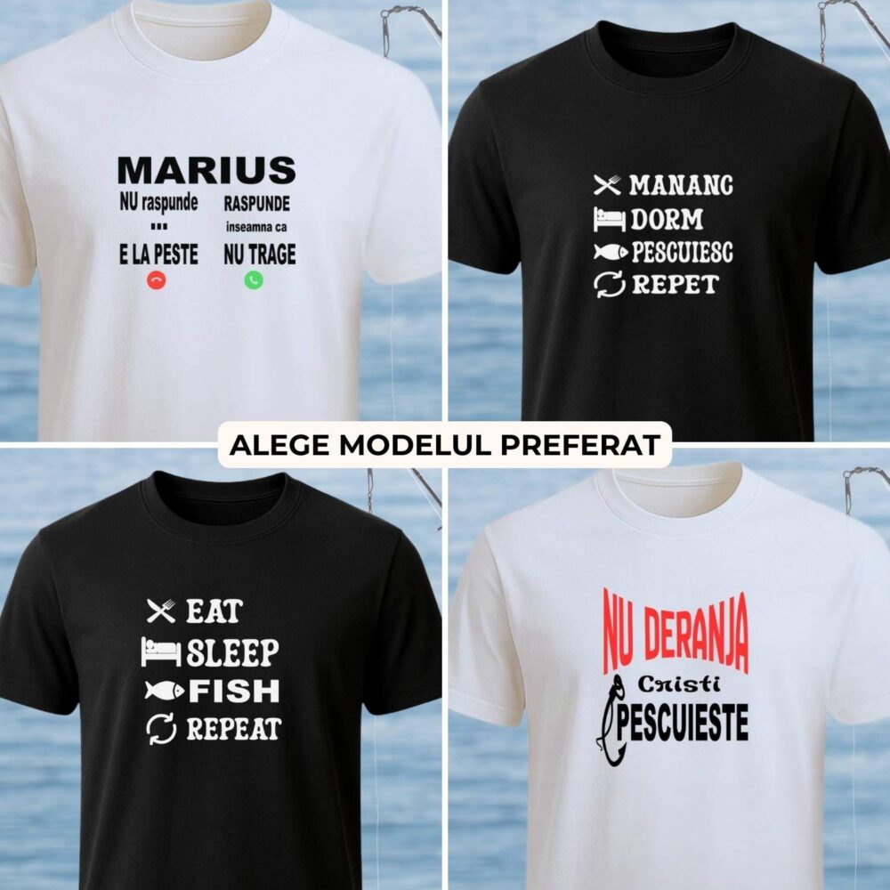 Tricou pescar funny – 4 modele la alegere (Nu deranja, Nu raspund, Fish Repeat RO/ENG), cadou amuzant pentru pescar