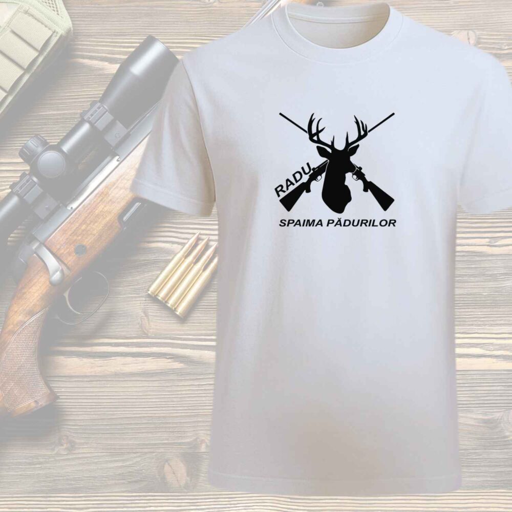 Tricou vânător personalizat „Spaima pădurilor” – mesaj funny, nume sau text propriu