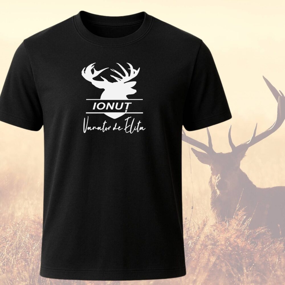 Tricou pentru vânător cu nume și cerb minimalist alb, model clean pentru hobby vânătoare, pasionat de vânat