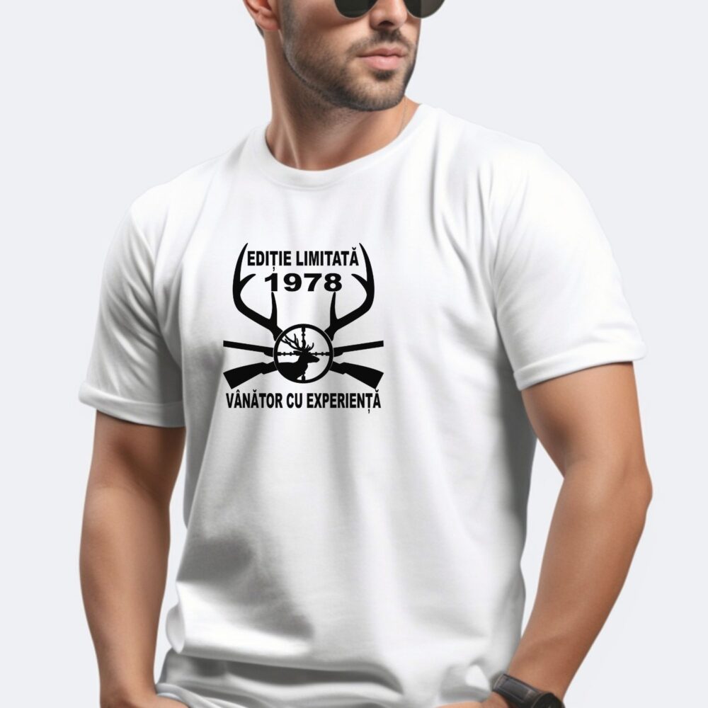 Tricou aniversar vânător „Ediție limitată 1978” alb – personalizat cu an, cadou pentru bărbați pasionați de vânătoare