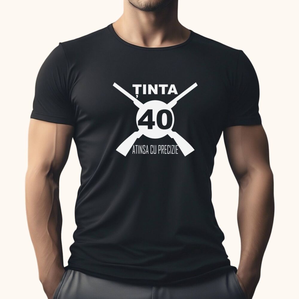 Tricou aniversar vânător „Ținta 40” negru – cadou zi de naștere pentru vânător