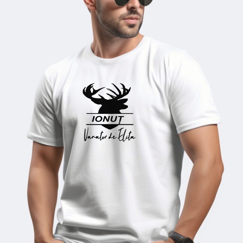 Tricou vânător personalizat „Vînător de Elită” alb – mesaj personalizabil, nume la cerere