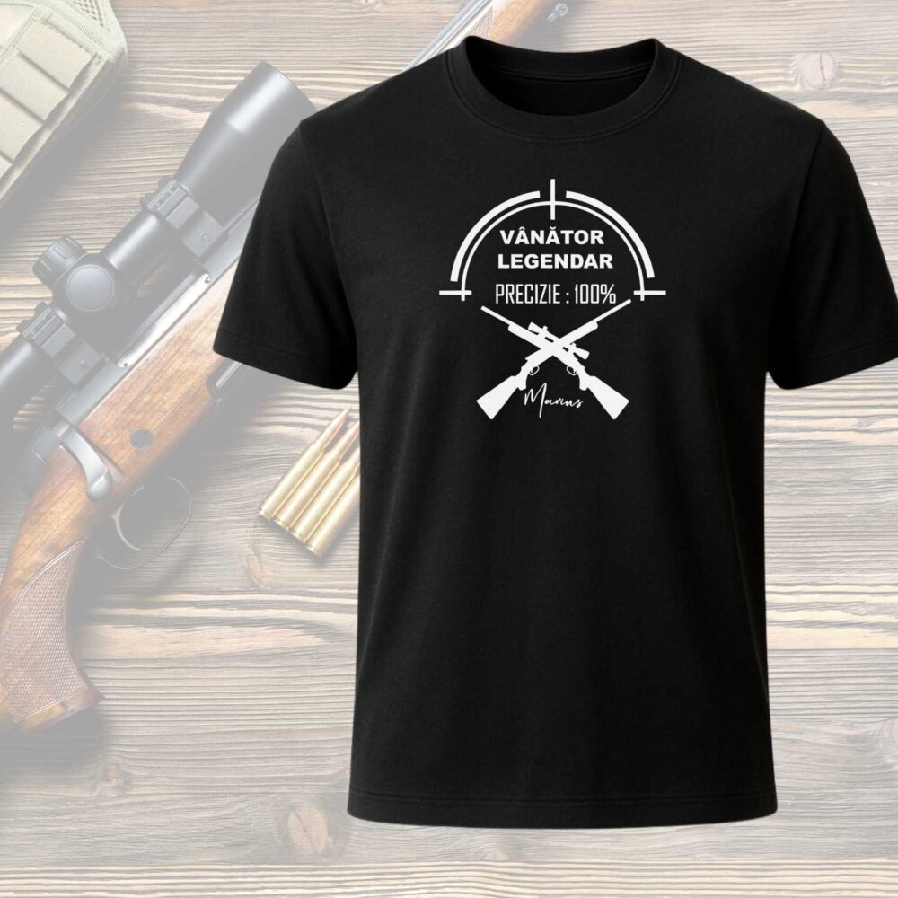Tricou vânătoare personalizat „Vânător legendar” cu nume – cadou de zi de naștere pentru vânător