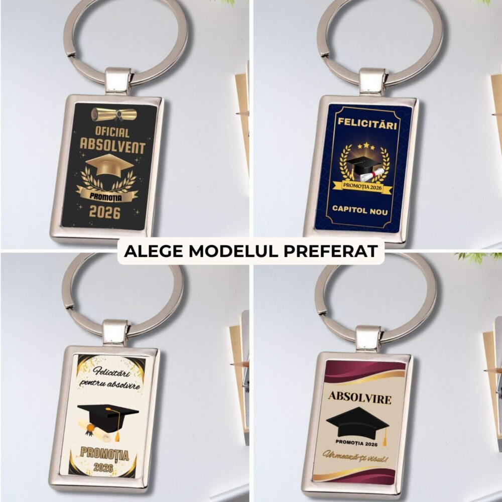 Breloc personalizat absolvire cu mesaj, 4 modele la alegere, promoția și an, breloc metalic cadou