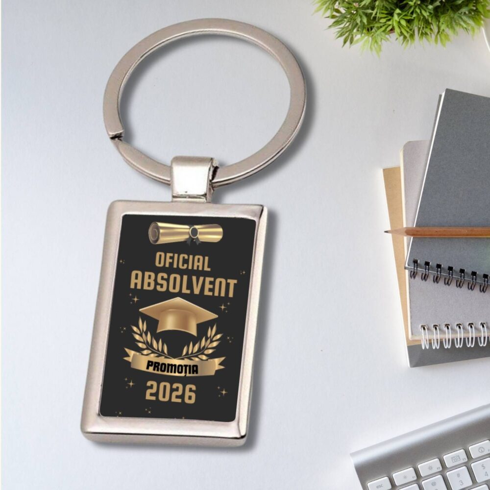 Breloc metalic personalizat Oficial Absolvent, promoția și anul, model elegant pentru cadou de absolvire