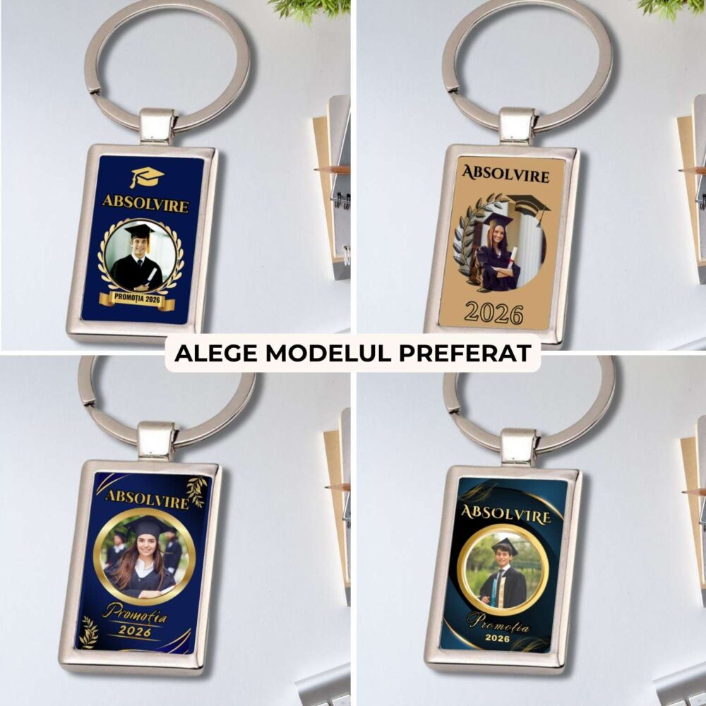 Breloc personalizat absolvire cu poză, 4 modele la alegere, breloc metalic cadou