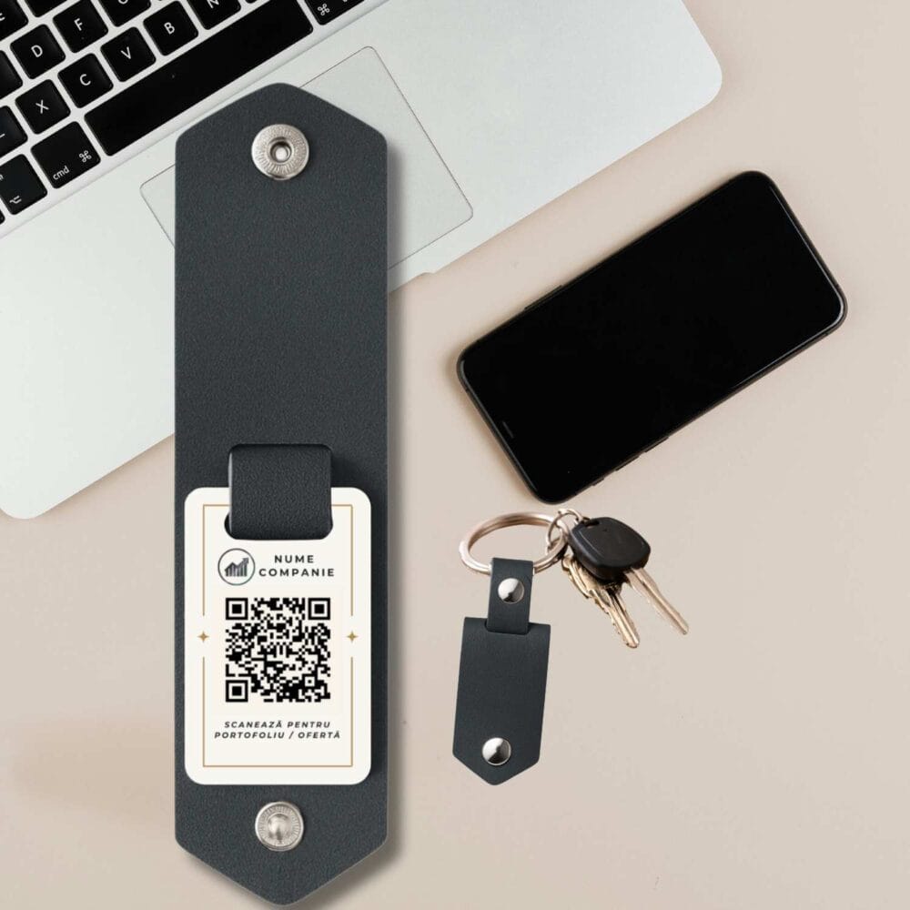 Breloc corporate cu cod QR și logo pentru portofoliu sau oferta, personalizat premium. Husă din piele ecologică.