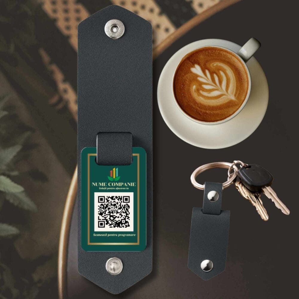Breloc pentru firma cu logo si QR pentru programare, model elegant corporate cu husă din piele ecologică