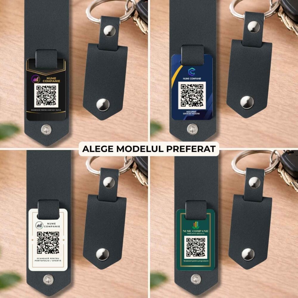 Breloc corporate cu logo si QR, 4 modele personalizate pentru firme si business. Metalic premium cu husă ecologică