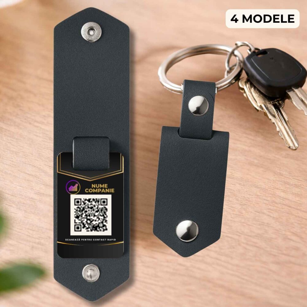 Breloc cu logo si QR corporate premium personalizat pentru contact, model business elegant cu husă ecologică