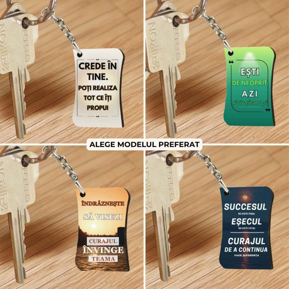 Breloc personalizat din MDF cu mesaj motivațional, 4 modele la alegere.