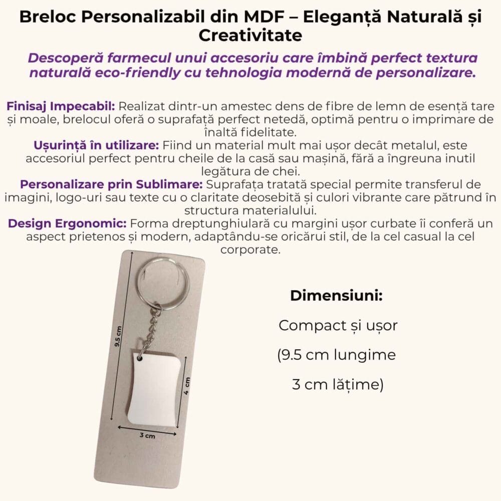 Specificații și dimensiuni pentru breloc personalizabil din MDF, eco friendly, sublimare Cadouri Creative