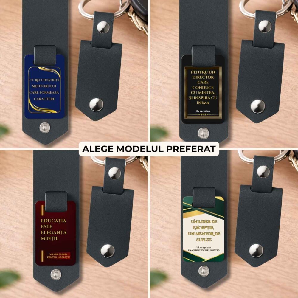 Breloc premium personalizat pentru profesori, directori, lideri și mentori cu husă din piele ecologica, 4 modele elegante