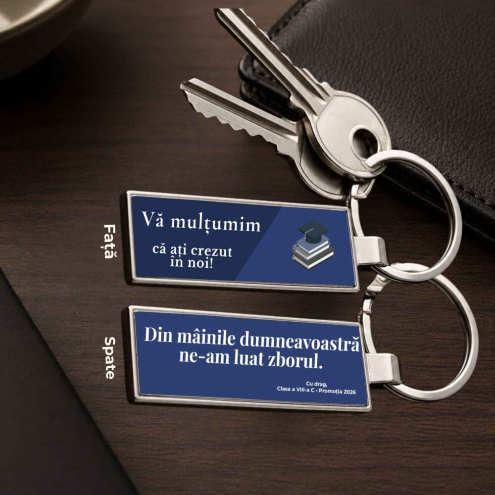 Breloc slim personalizat fata-verso pentru profesori, model Va Multumim, cadou elegant cu mesaj