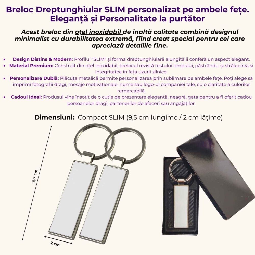 Specificatii breloc slim metalic personalizat pe ambele fete, produs premium elegant