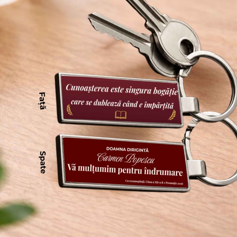 Breloc slim personalizat cu recunostinta pentru diriginta sau profesor, cadou premium fata-verso