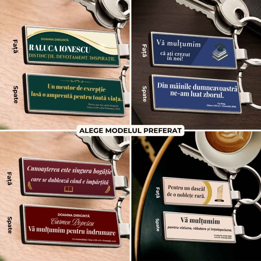 Breloc slim profesori personalizat fata-verso, 4 modele premium pentru profesor, diriginta, mentor si coordonator