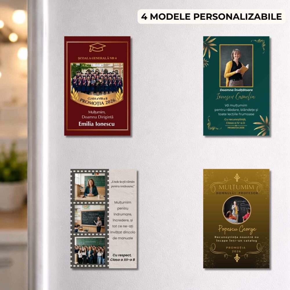 Magnet apreciere profesori personalizat cu poză 10x15, 4 modele pentru sfârșit de an școlar și absolvire
