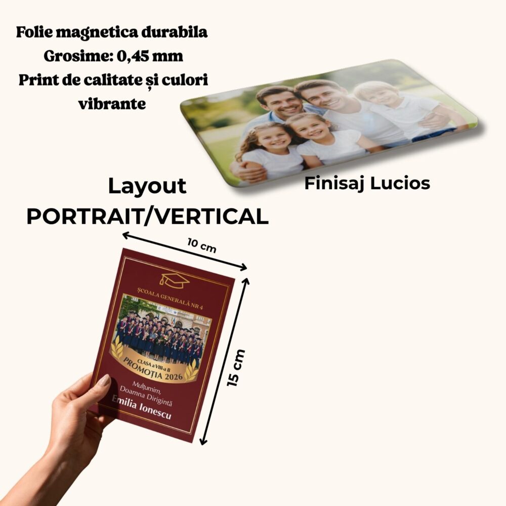 Detalii magnet apreciere profesori personalizat 10x15, layout portret vertical, finisaj lucios și folie magnetică 0,45 mm