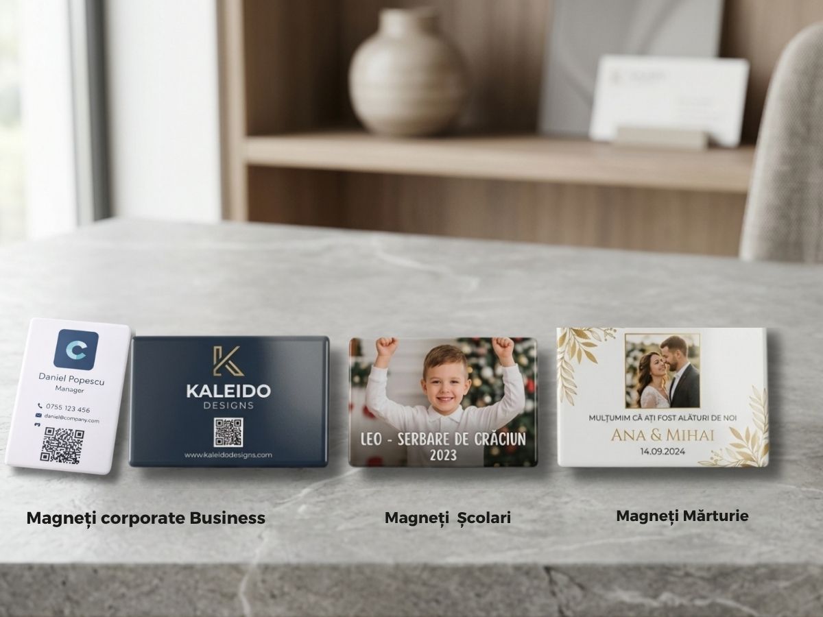 Magneți personalizați pentru evenimente școli și business cu poză și cod QR. Servicii personalizare magneti Cadouri Creative Craiova