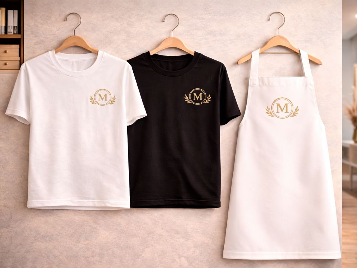 Personalizare textile pentru firme și echipe cu tricouri și șorțuri personalizate cu logo și branding.