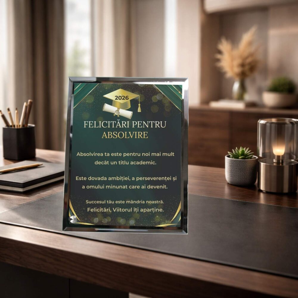 Plachetă absolvire elegantă academică, cadou personalizat din sticlă cu mesaj de felicitare pentru absolvire