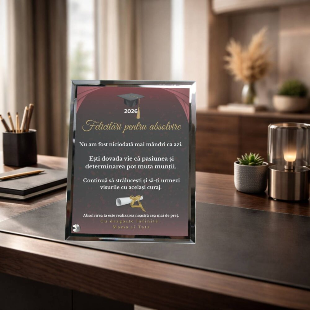 Plachetă absolvire cu mesaj de mândrie din partea familiei, cadou personalizat din sticlă pentru absolvent sau absolventă