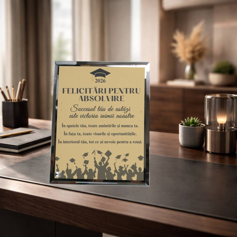 Plachetă absolvire festivă personalizată din sticlă, cadou cu mesaj pentru absolventă sau absolvent