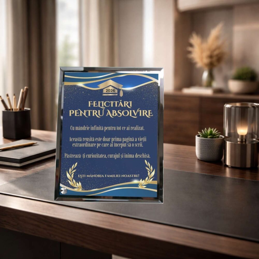 Plachetă premium clasic pentru absolvire, model elegant din sticlă cu mesaj de felicitare