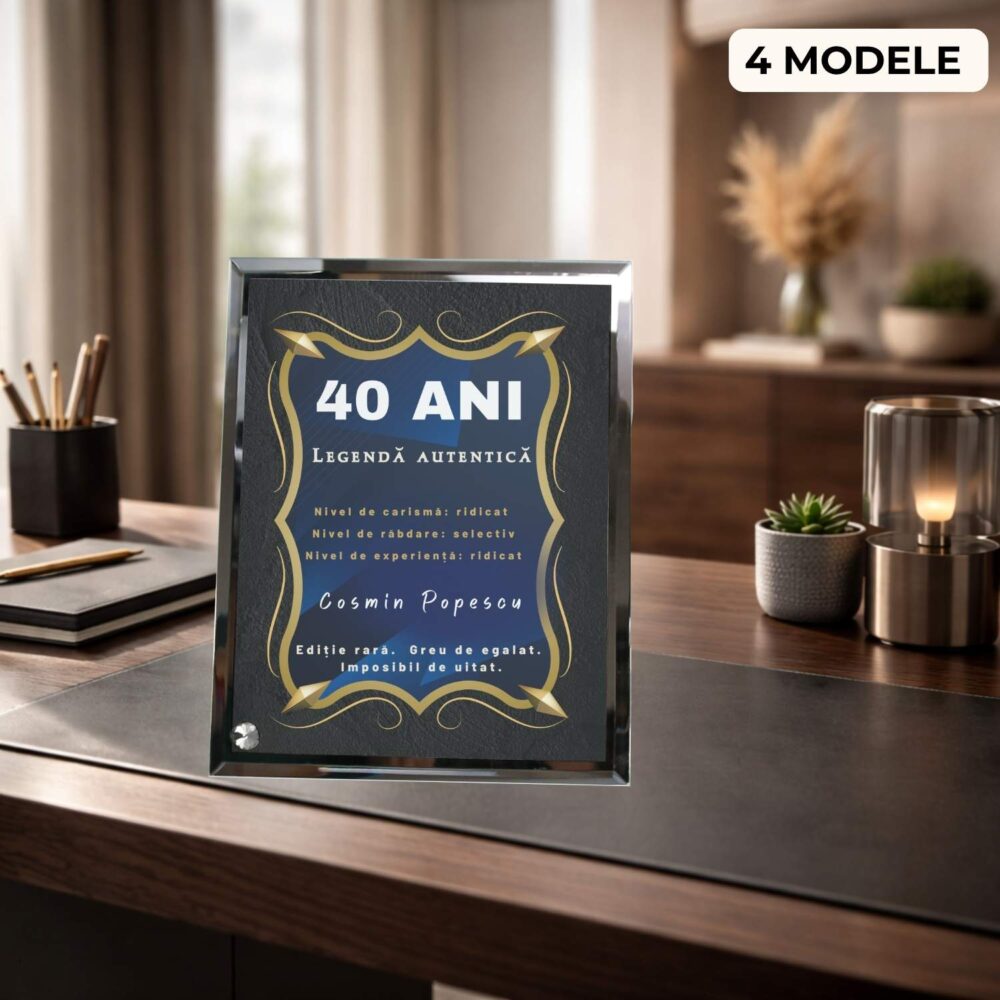 Plachetă amuzantă de zi de naștere personalizată 40 ani, model Legendă autentică, cadou amuzant din sticlă