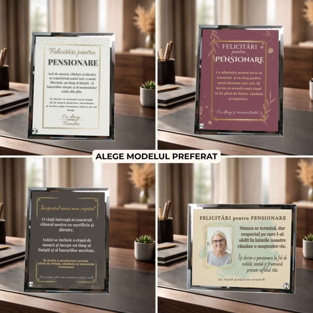 4 modele de plachetă personalizată din sticlă pentru pensionare, cu mesaj elegant și variantă cu fotografie