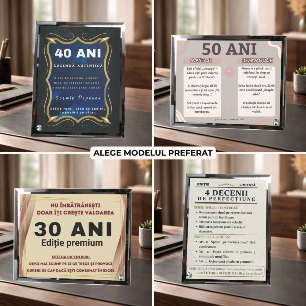 4 modele de plachetă personalizată funny pentru zi de naștere 30, 40 și 50 ani, cu mesaje amuzante