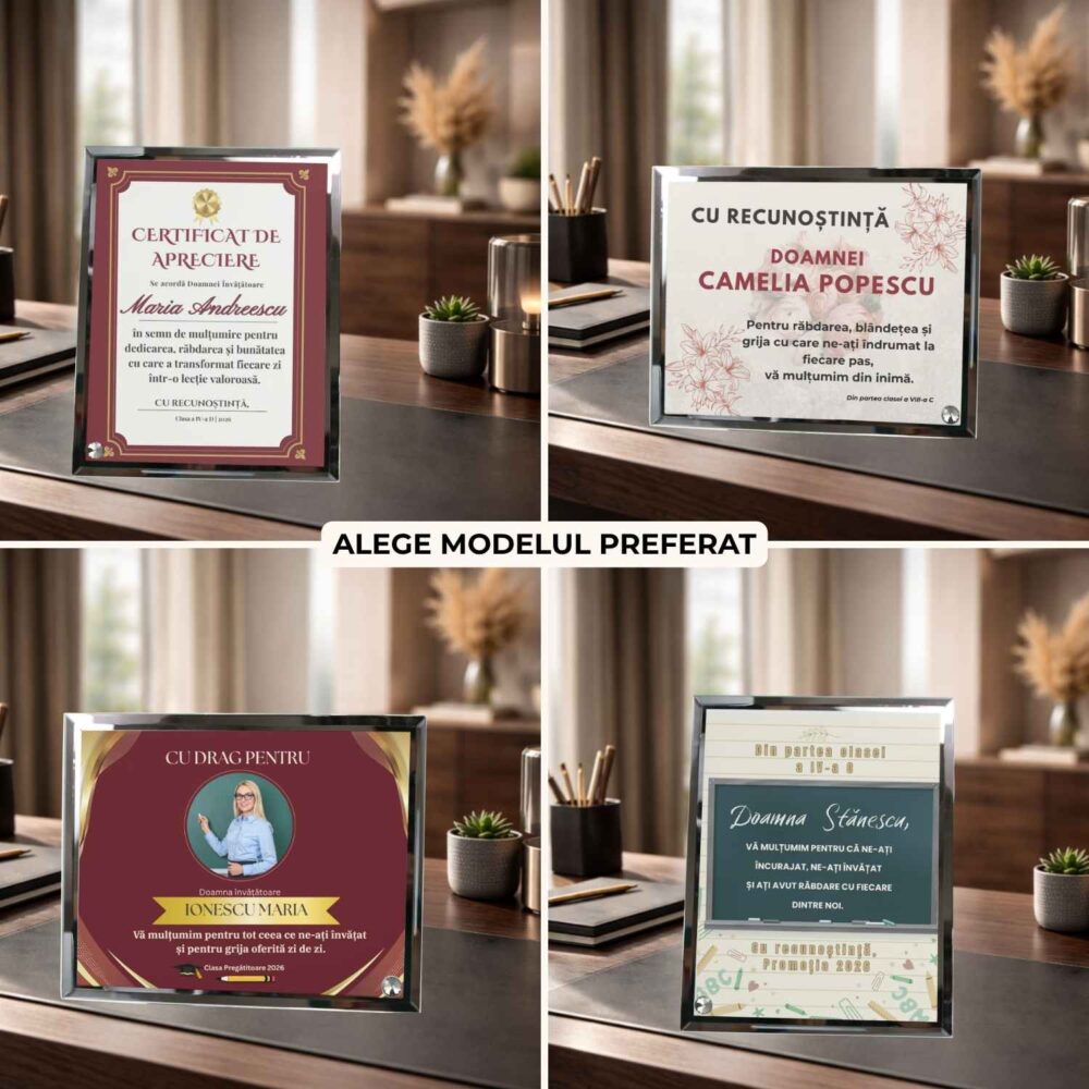4 modele de plachetă personalizată din sticlă pentru profesoară, învățătoare sau educatoare, cu mesaj, nume și fotografie